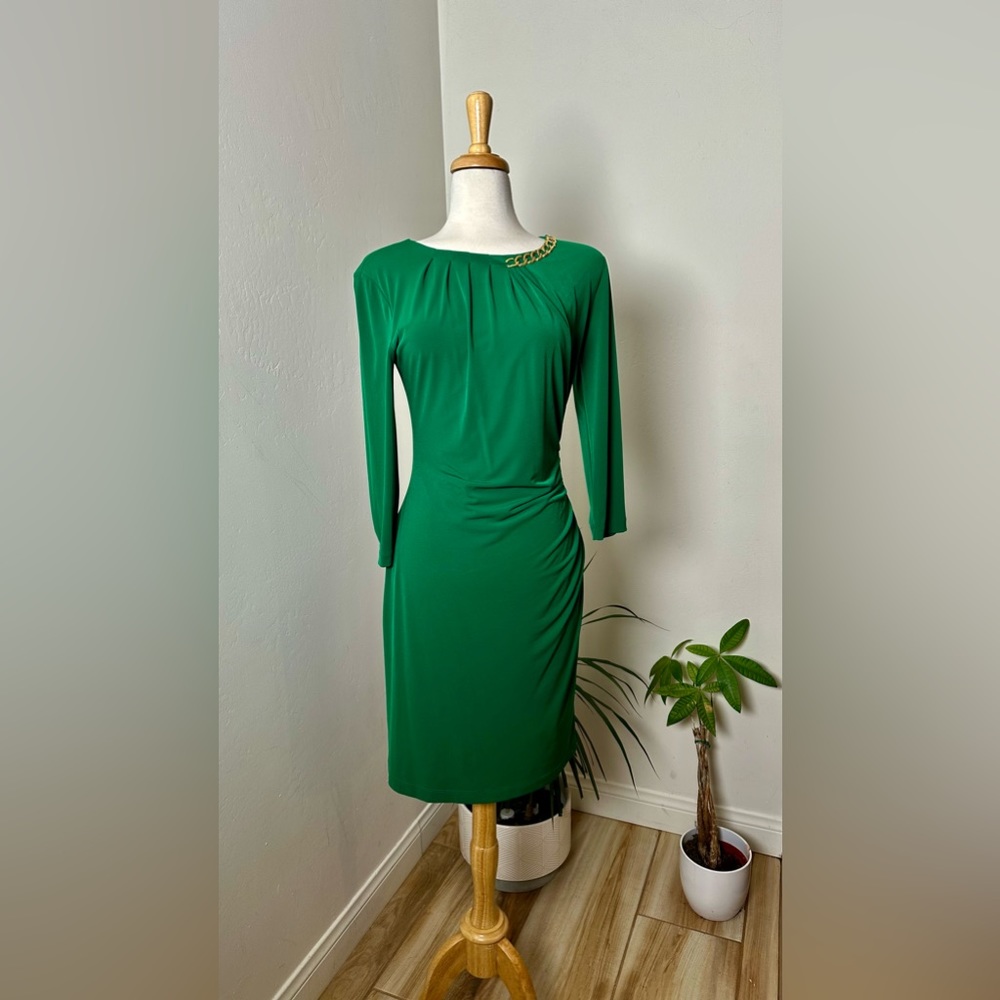Tahari Green Dress with Gold link chain emblem